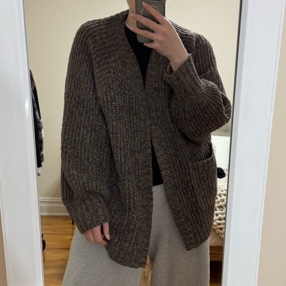 Olivaceous Chunky Ribbed Open-Front Cardigan in Brown